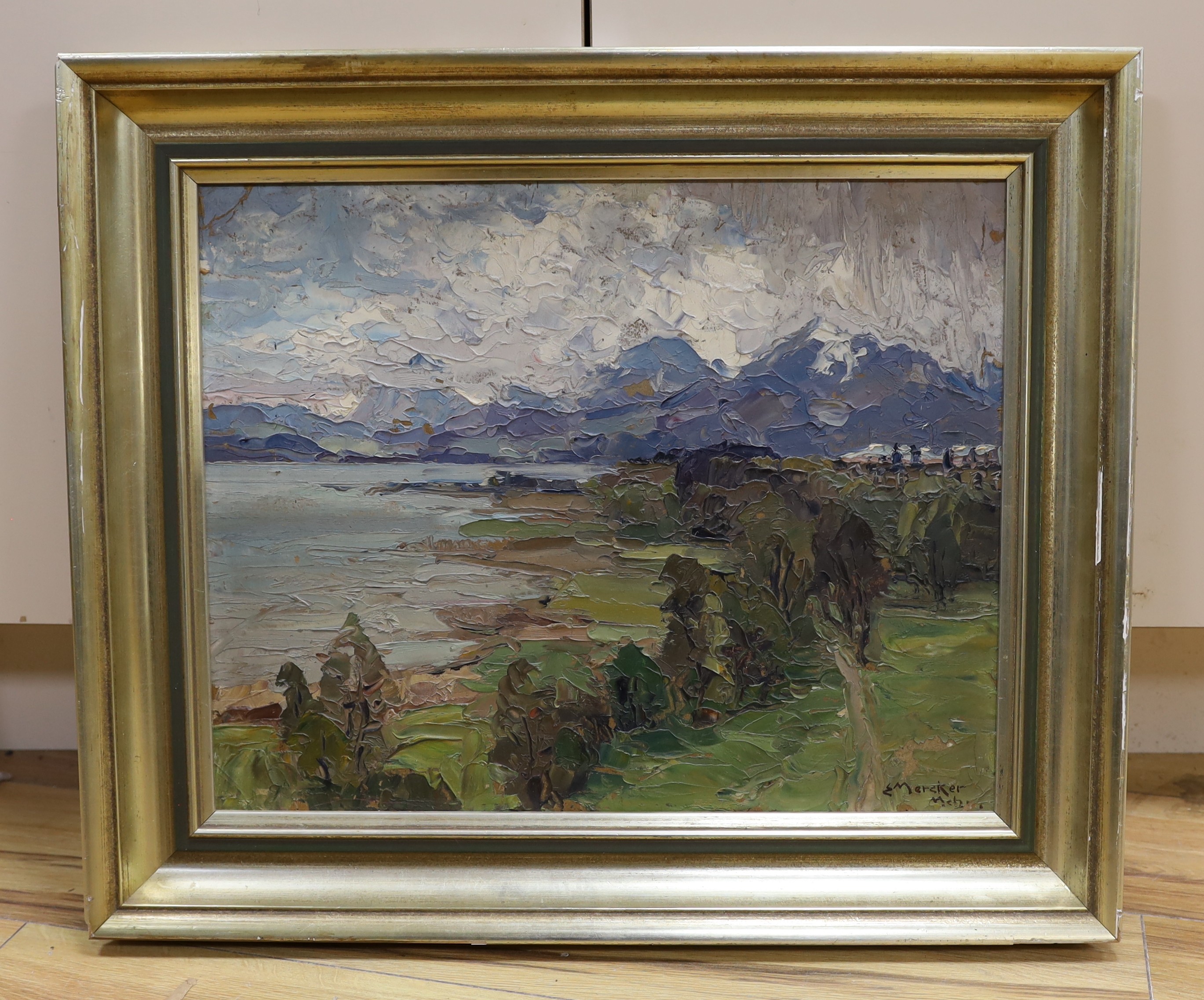 Erich Mercker (1891-1973), oil on board, German mountain landscape, signed, 39 x 49cm